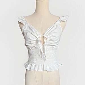 Coquette Ruffle Babydoll Top M Romantic Y2K Boho Fairy Keyhole Tie White V-Neck